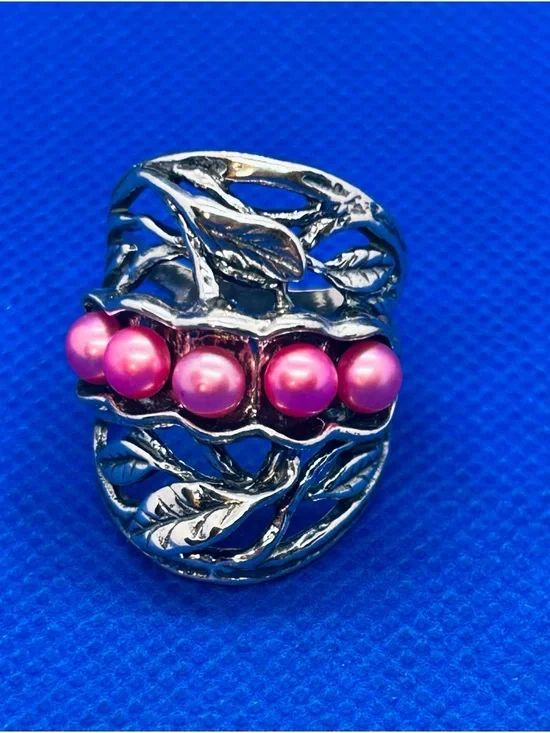 Passage to Israel Silver Leaf Ring with Pink Pearls - Picture 2 of 5